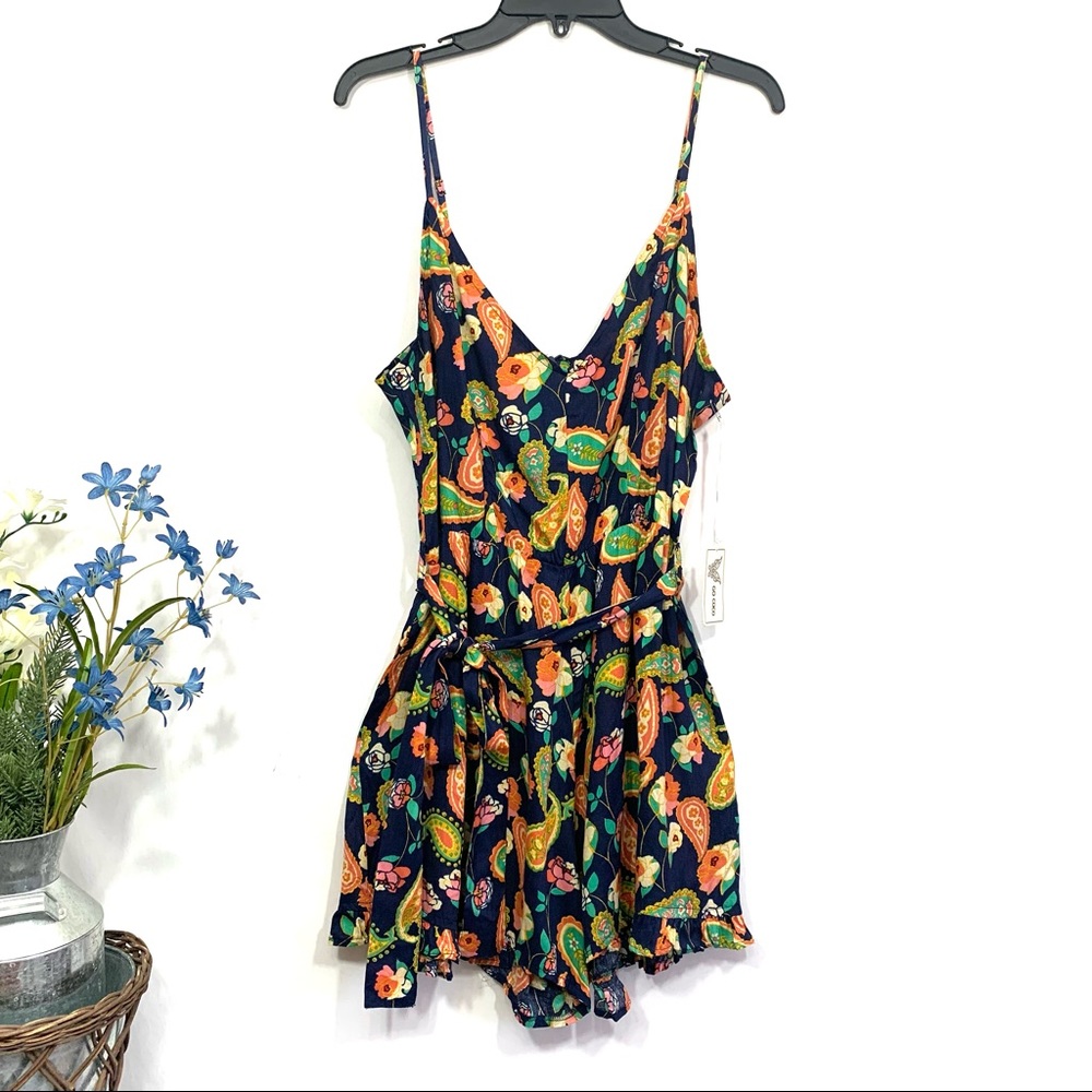 GO COCO Women's Blue Green Coral‎ Strappy V-Neck Tie Front Ruffle Hem Romper NWT